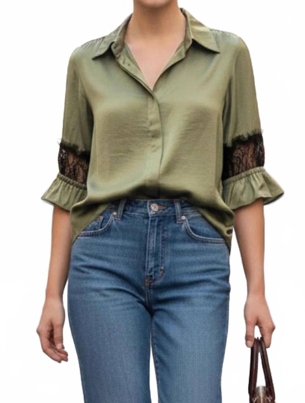 NEW VAVA lace insert blouse in light olive